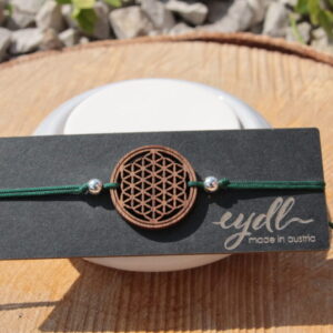 Armband "Blume des Lebens" Holz Nuss in der Länge verstellbar und in der Armbandfarbe dunkelgrün