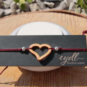 Armband "Herz" Holz Ahorn in der Länge verstellbar. Band in verschiedenen Farben