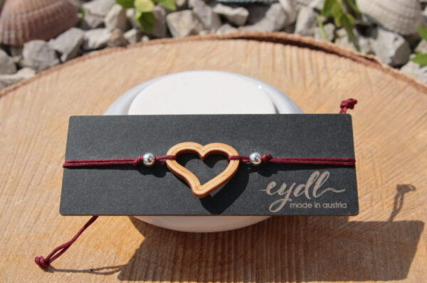 Armband "Herz" Holz Ahorn in der Länge verstellbar. Band in verschiedenen Farben