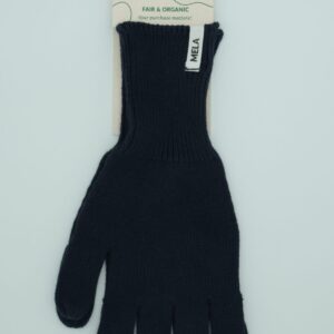 Weiche Handschuhe für empfindliche Haut aus navyfarbener Bio-Baumwolle von Melawear – fair produziert, mit Rippbündchen und zeitlosem Design.